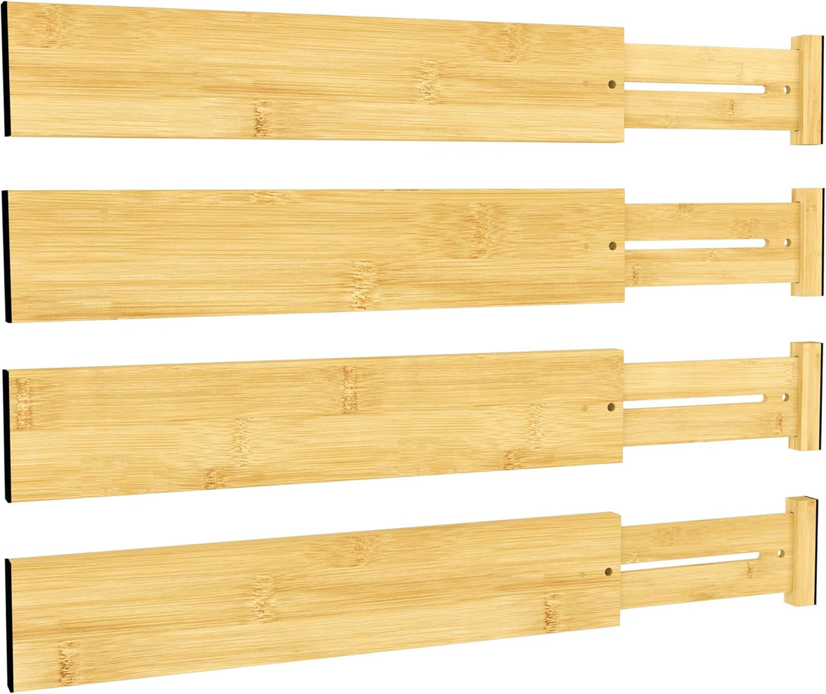 BAMEOS 3" H Bamboo Drawer Dividers - Adjustable Expandable Drawer Organizer - Kitchen, Bathroom