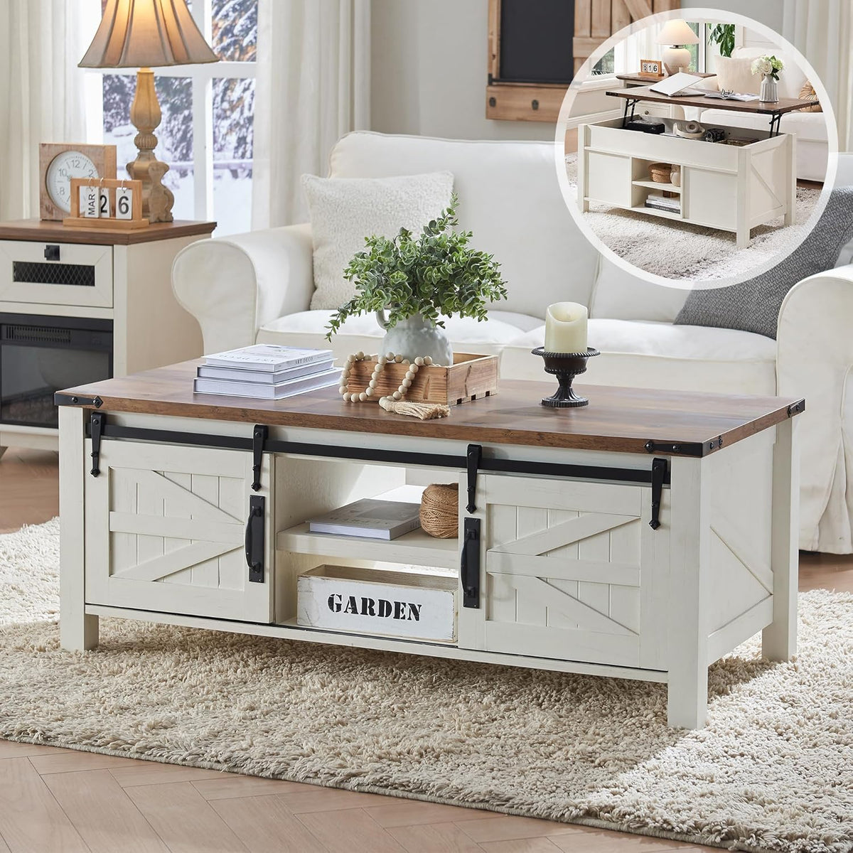 OKD 48" Farmhouse Lift Top Coffee Table with Sliding Barn Door,Rustic Center Table with Hidden