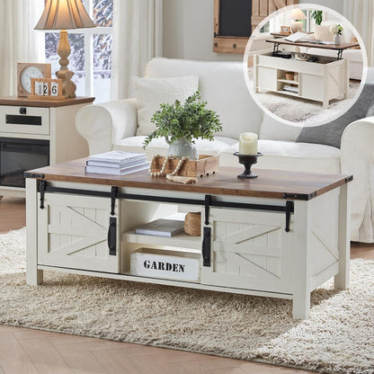 OKD 48" Farmhouse Lift Top Coffee Table with Sliding Barn Door,Rustic Center Table with Hidden