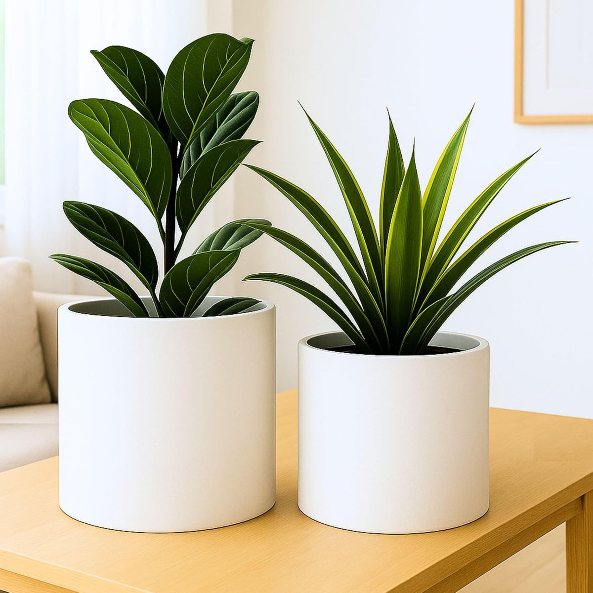 Fox & Fern 12" & 14.6" Large Planters (Set of 2) — Premium Lightweight Fiberstone Matte White Plant