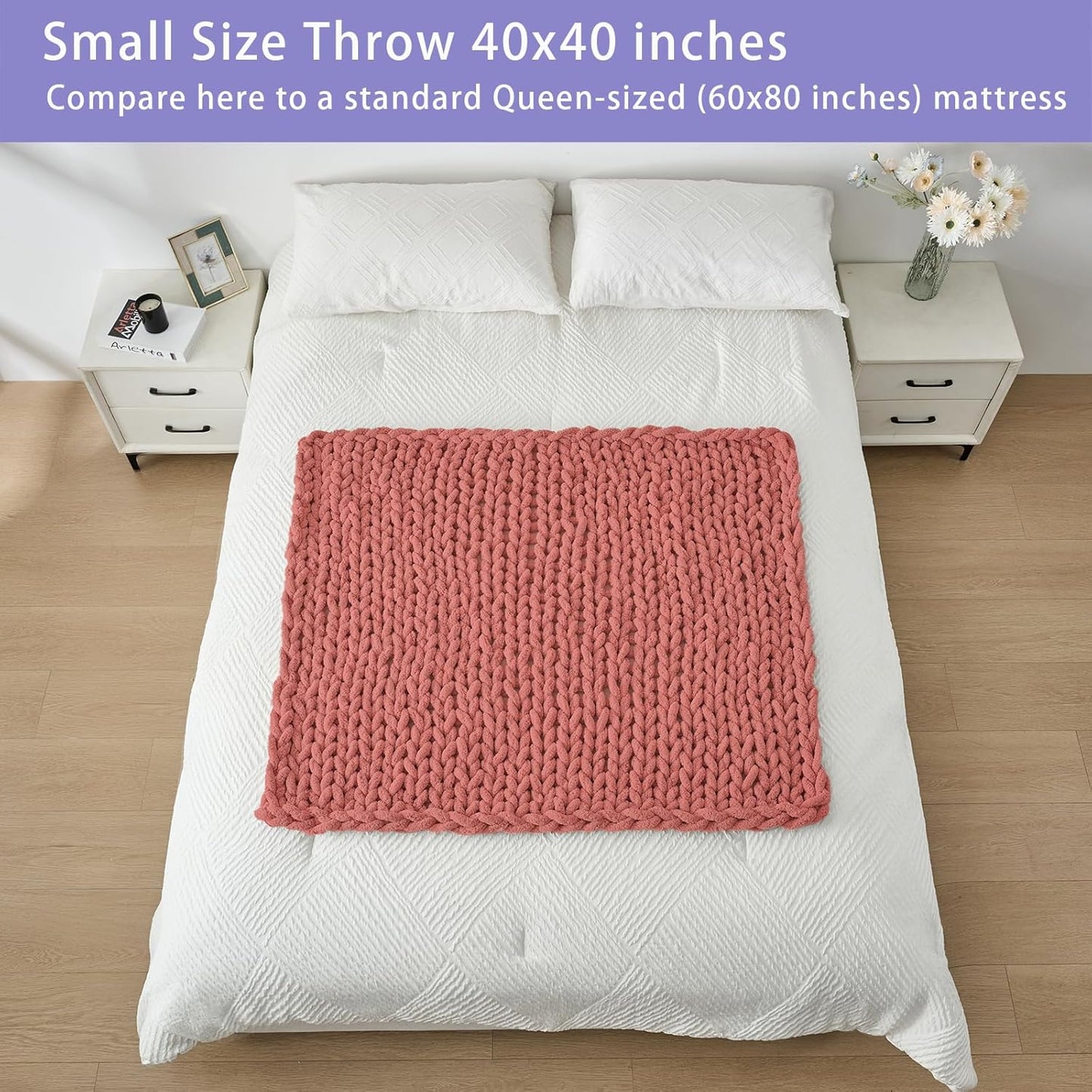 Bigacogo Chunky Knit Throw Blanket for Couch, 40x40 inches, 100% Hand Knitted with Thick Jumbo