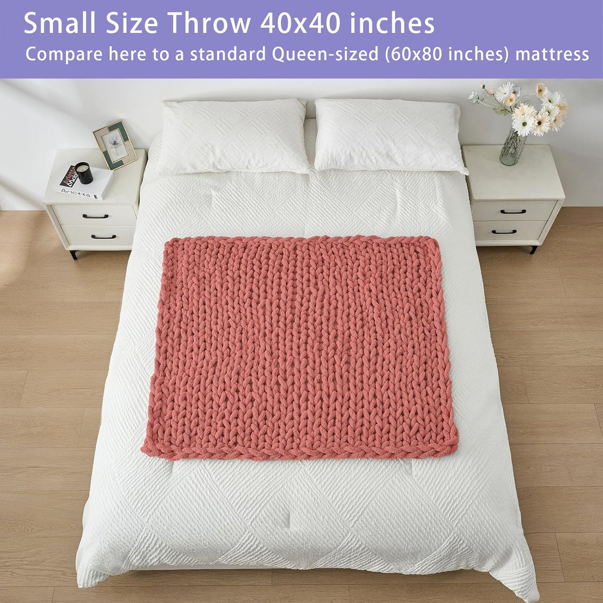 Bigacogo Chunky Knit Throw Blanket for Couch, 40x40 inches, 100% Hand Knitted with Thick Jumbo