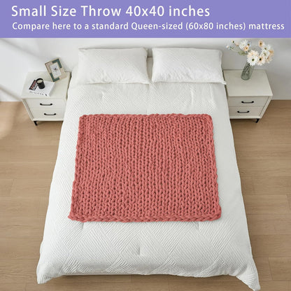 Bigacogo Chunky Knit Throw Blanket for Couch, 40x40 inches, 100% Hand Knitted with Thick Jumbo