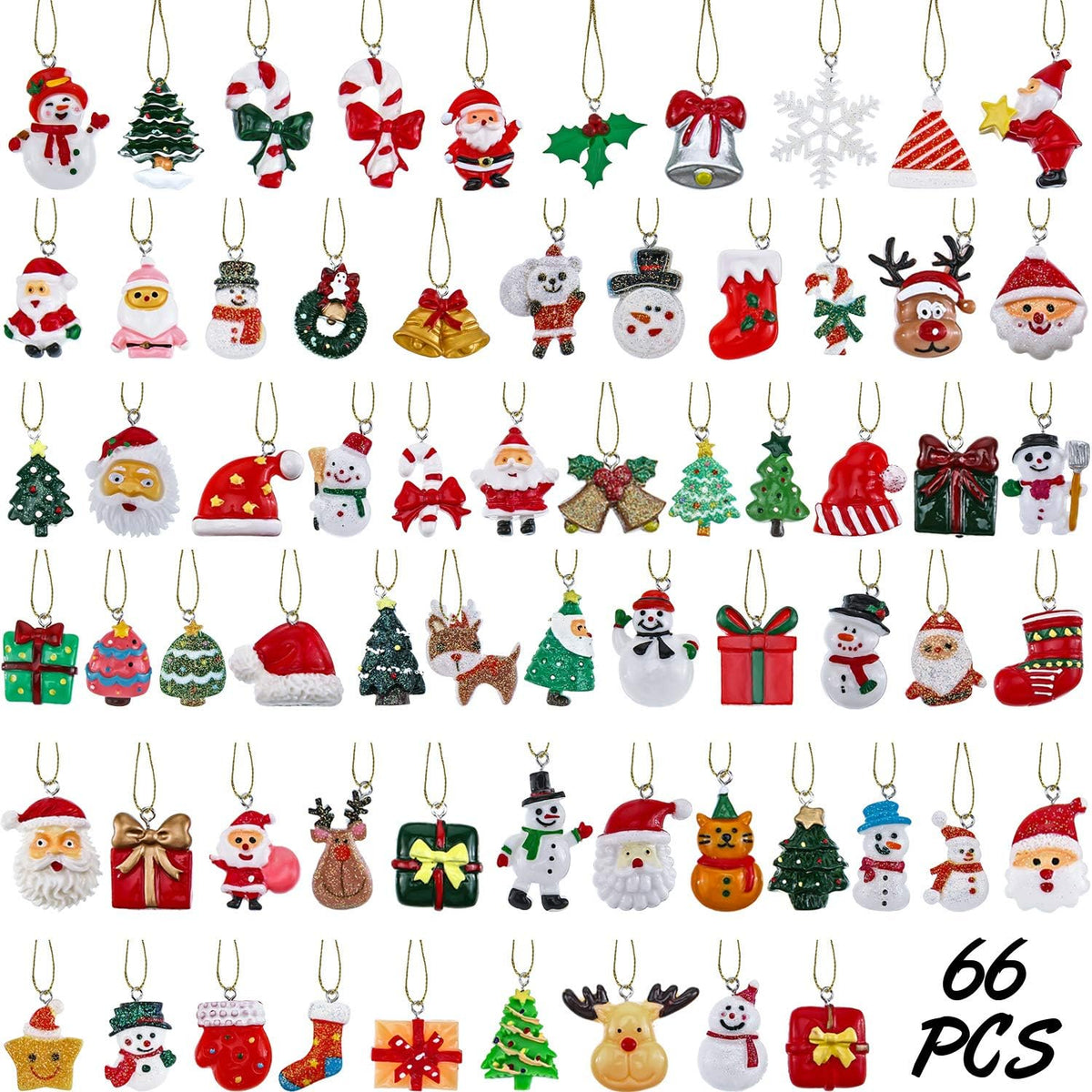 WILLBOND 66 Pieces Mini Resin Christmas Ornaments Christmas Tree Ornament with 65.6 Feet Gold