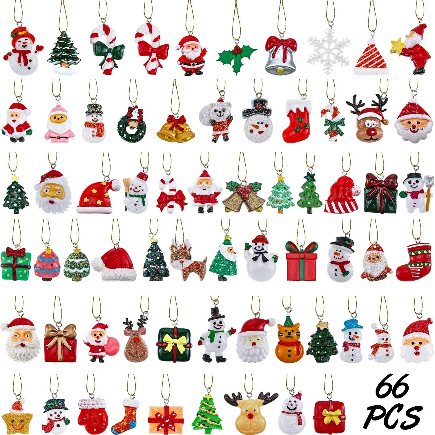 WILLBOND 66 Pieces Mini Resin Christmas Ornaments Christmas Tree Ornament with 65.6 Feet Gold