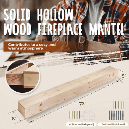 72x8x5 Fireplace Mantel - Handcrafted Hollow Rustic Solid Wood Wall Mounted Floating Shelf with
