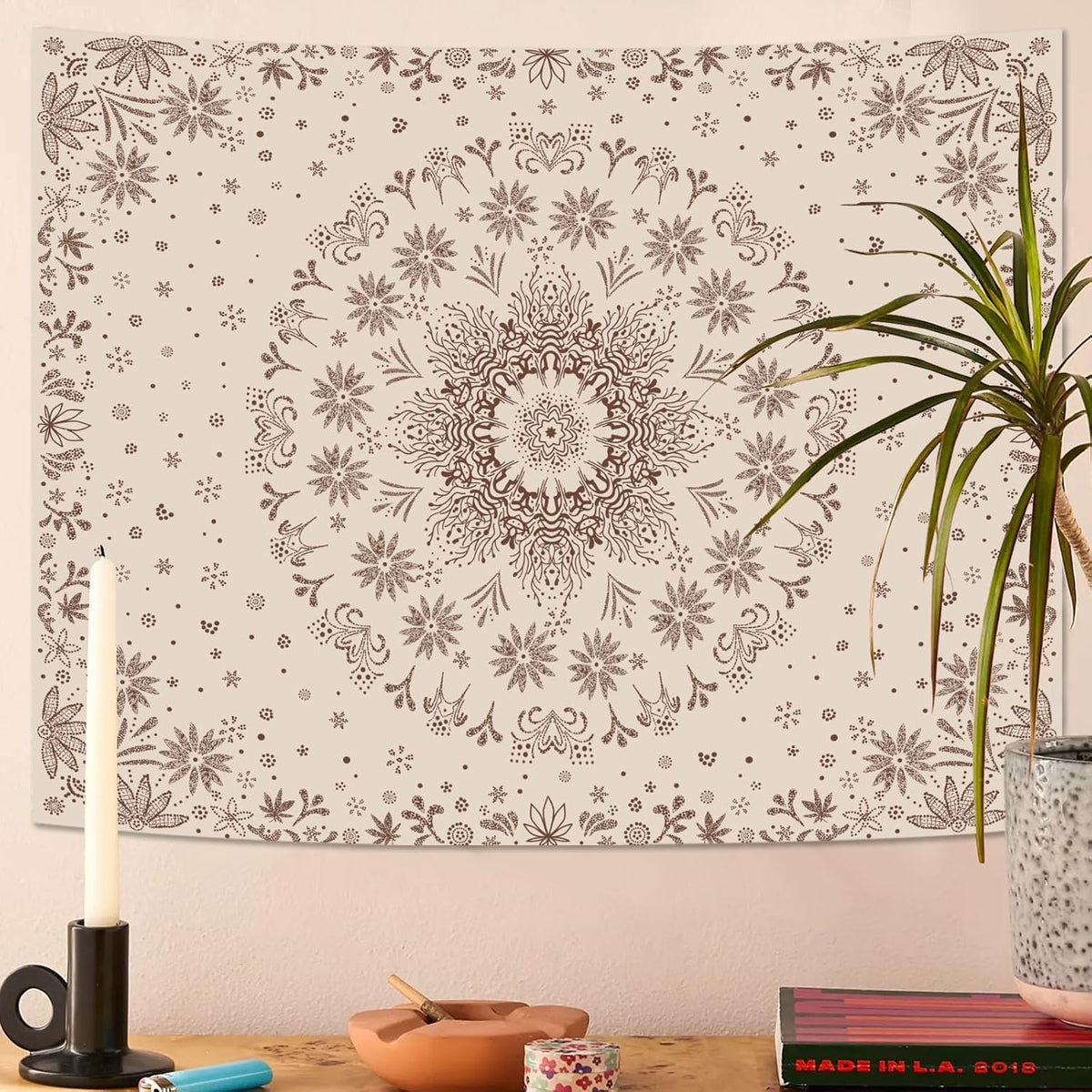 Fowocu Boho Floral Mandala Tapestry Wall Hanging Bohemian Flower Medallion Tapestry Aesthetic Beige