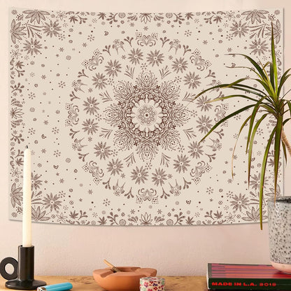Fowocu Boho Floral Mandala Tapestry Wall Hanging Bohemian Flower Medallion Tapestry Aesthetic Beige