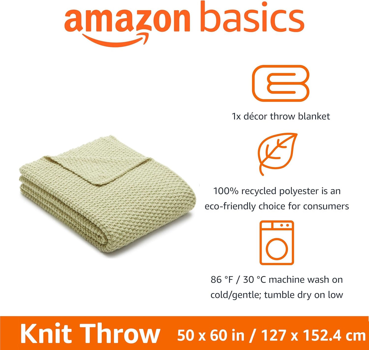Amazon Basics Chunky Cable Knit Throw Blanket for Couch, Sofa, Bed, Lightweight Soft Cozy, Sage