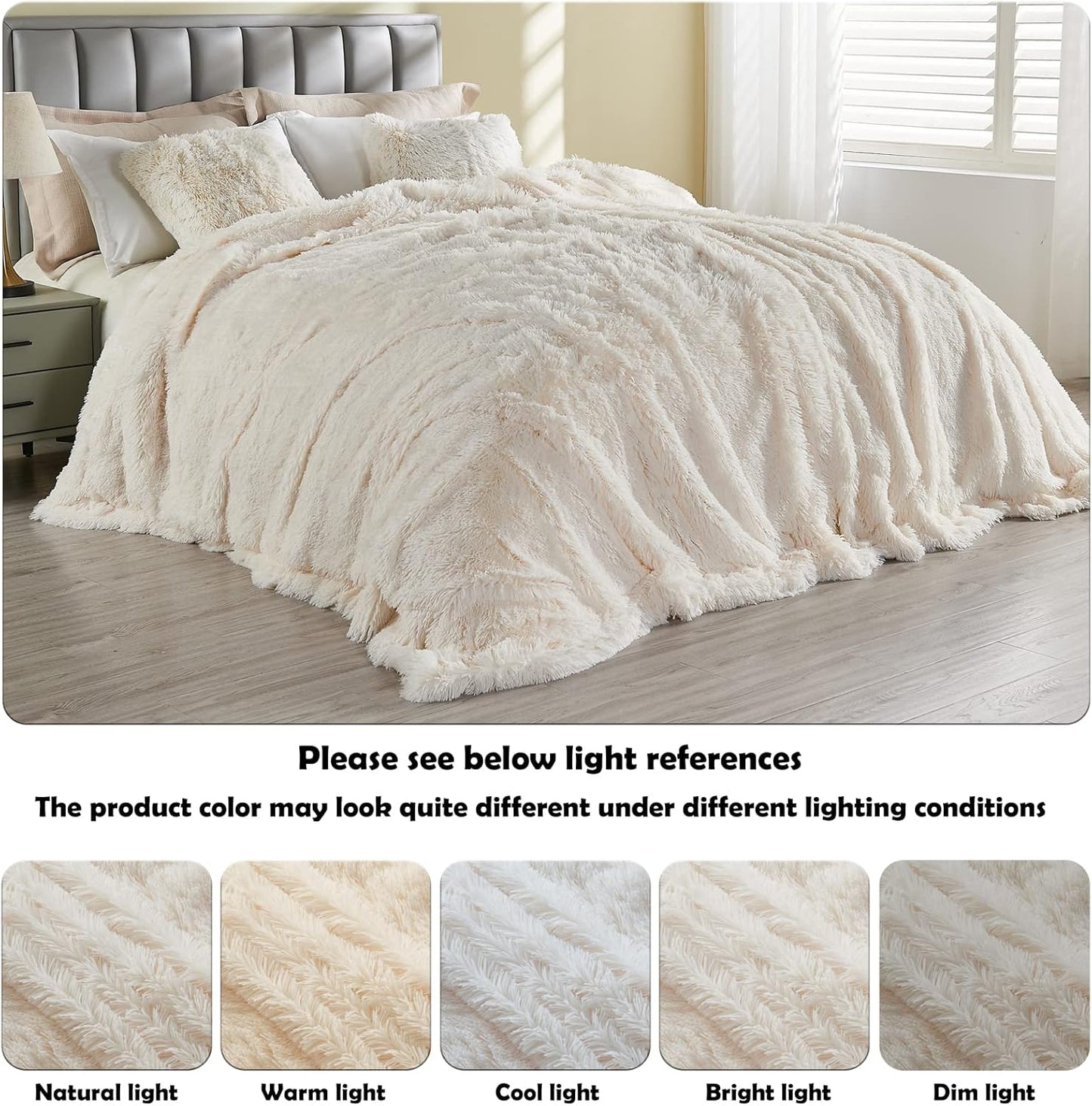 GONAAP Fuzzy Faux Fur Throw Blanket Queen Size Ivory Super Soft Cozy Plush Fuzzy Shaggy Blanket for