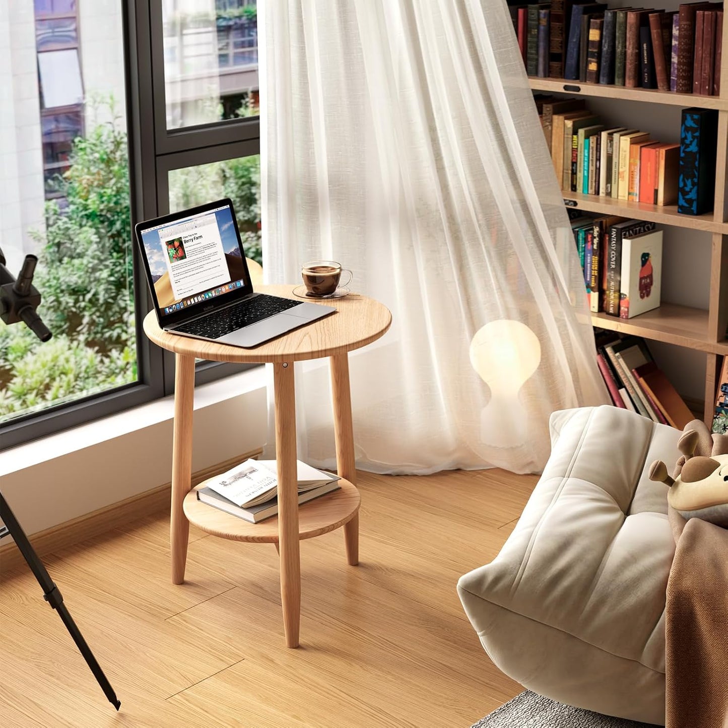 Round End Table,Solid Wood Small Round Table with Lower Shelf,Round Side Table，Nightstand for Small