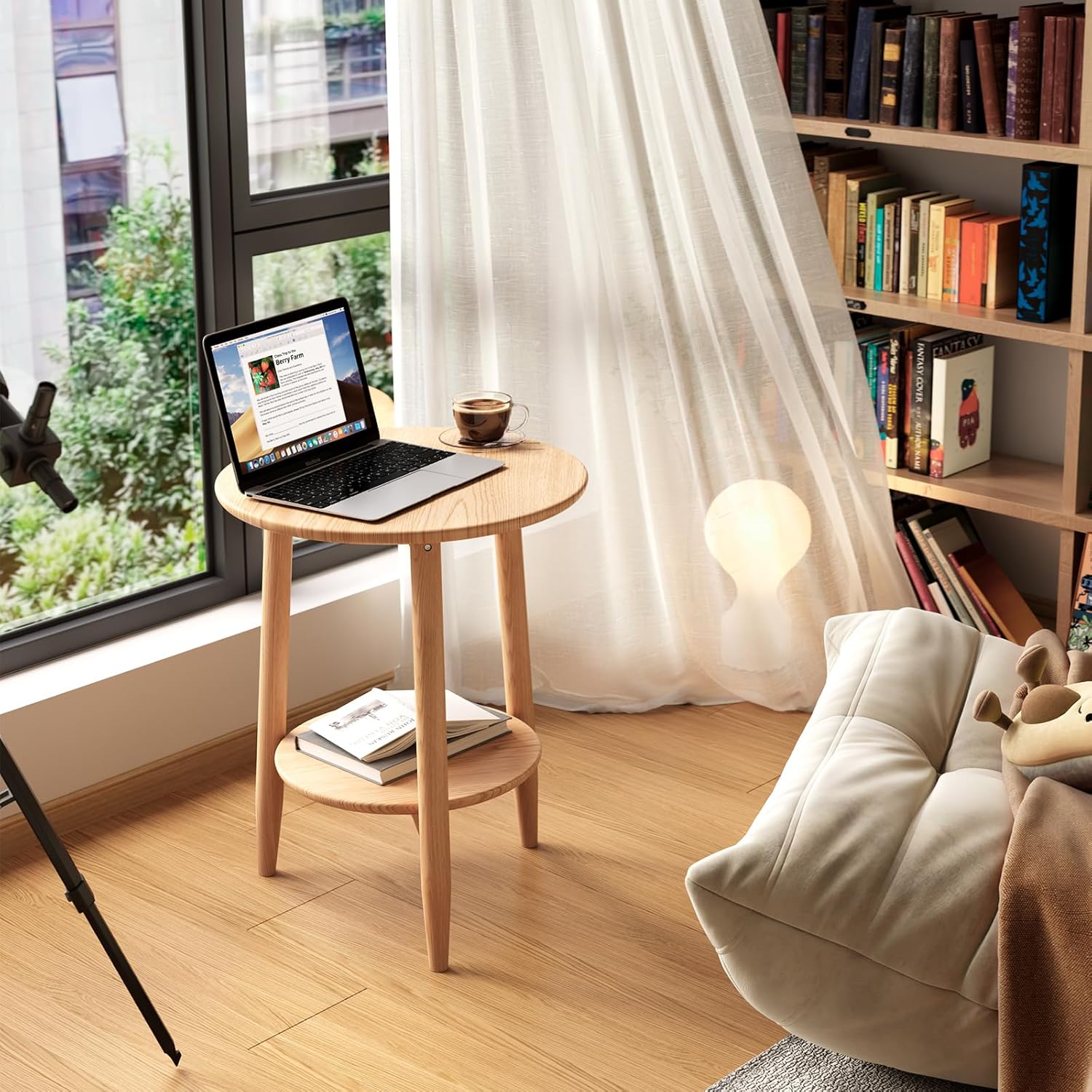 Round End Table,Solid Wood Small Round Table with Lower Shelf,Round Side Table，Nightstand for Small