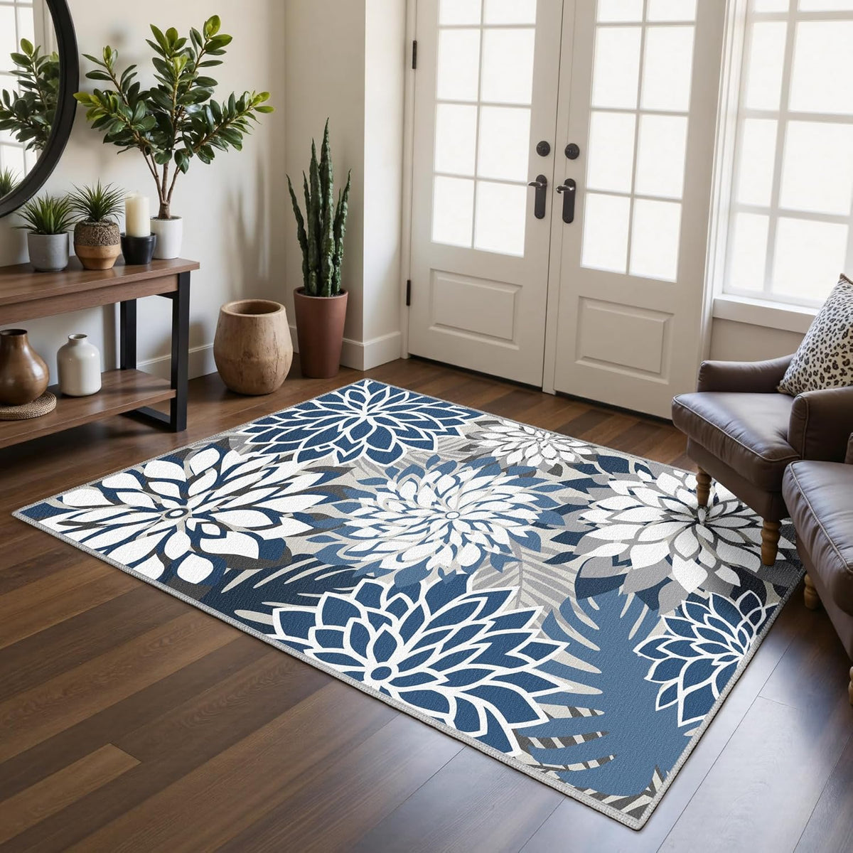 Area Rug 3x5 Blue White Washable Entry Rug Multicolored Tropical Botanical Modern Floral Indoor