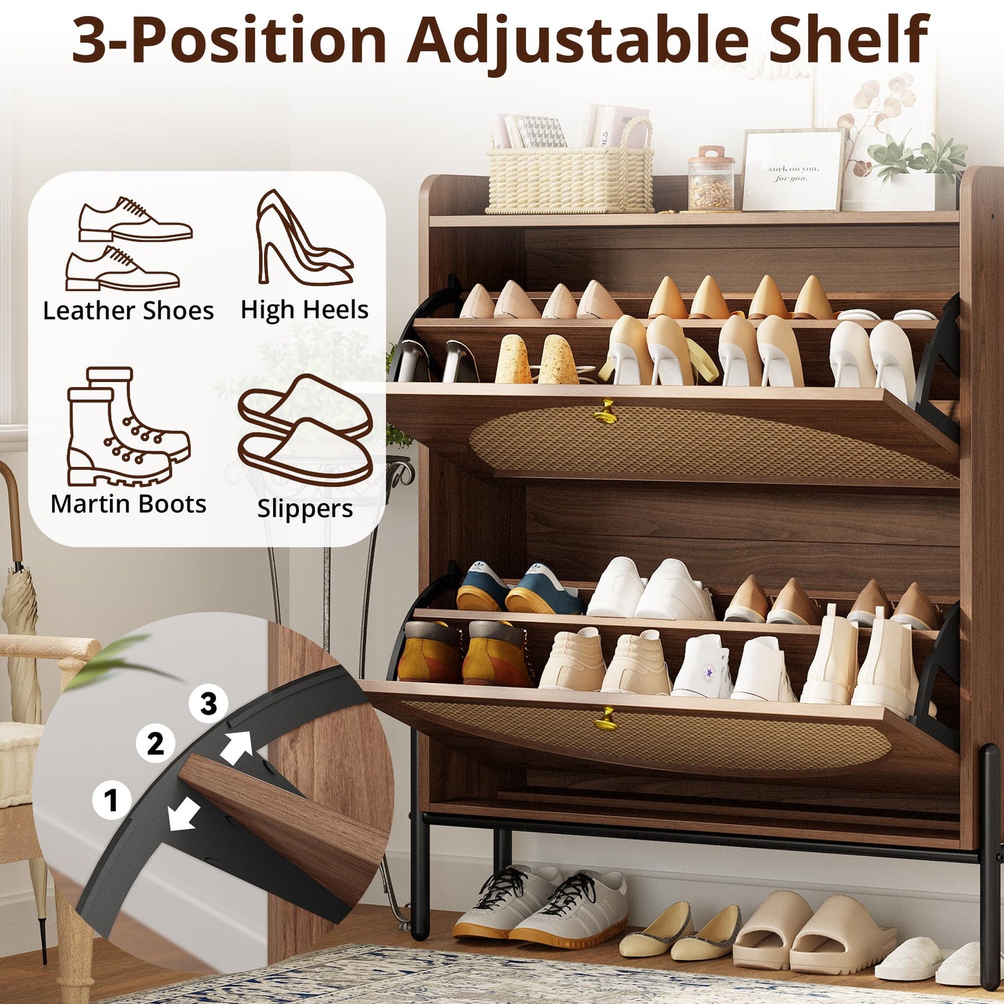 IRONCK Rattan Shoe Cabinet Storage with 2 Flip Drawers, Walnut