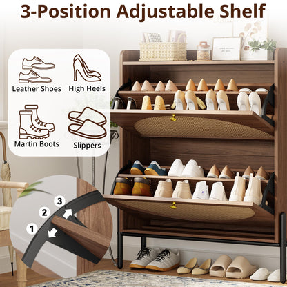 IRONCK Rattan Shoe Cabinet Storage with 2 Flip Drawers, Walnut