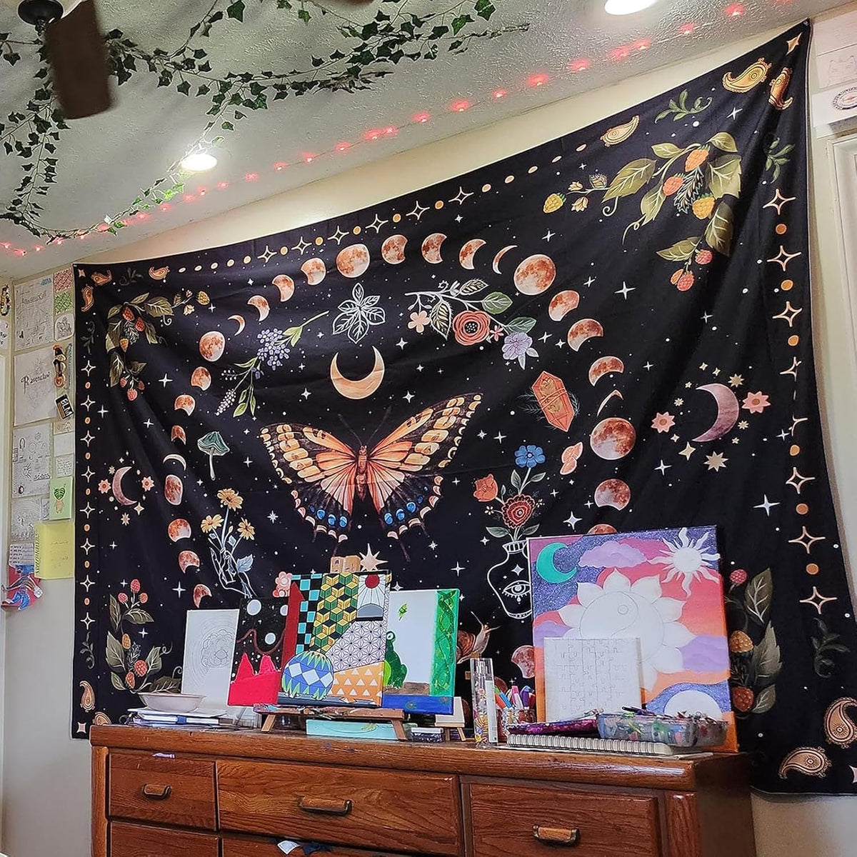 Aipon Yellow Butterfly Moon Flower Tapestry Botanical Floral Plant Boho Tapestry for Bedroom