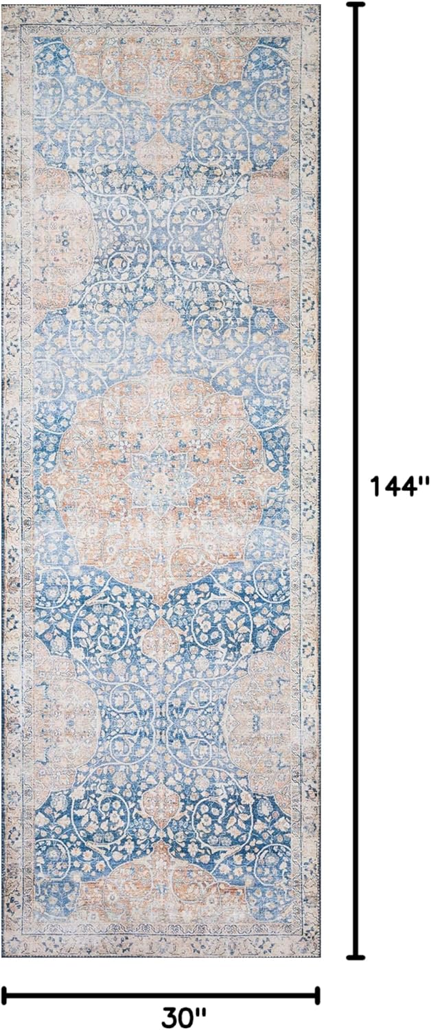Loloi Layla Collection LAY-07 Blue/Tangerine 2'-6" x 12'-0" .13" Thick Runner Rug, Soft, Durable