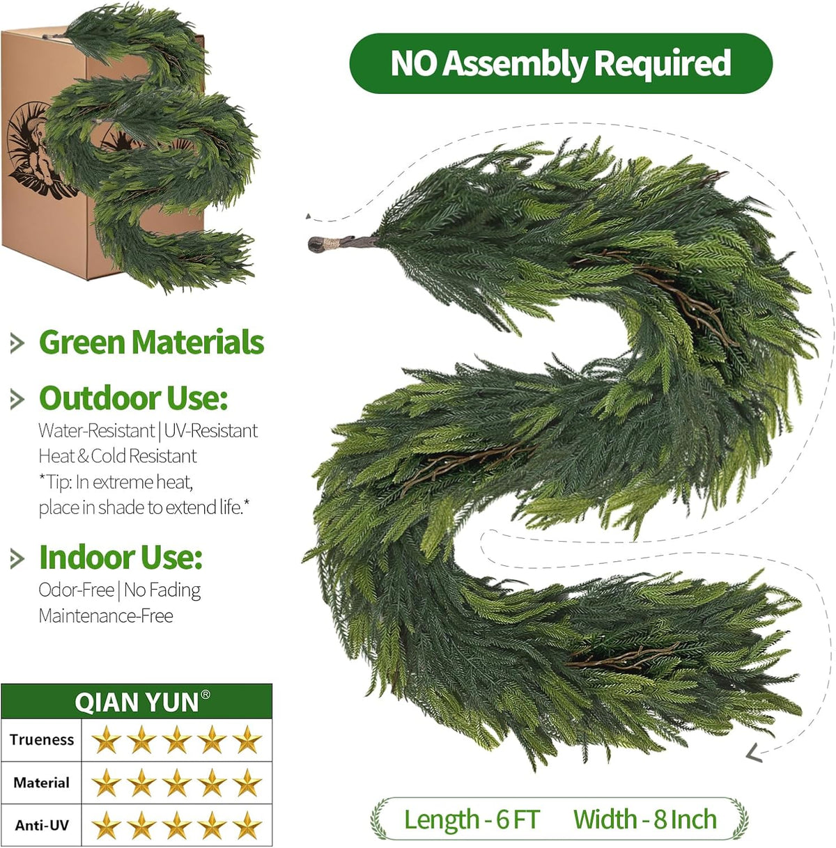 6FT Artificial Norfolk Pine Garland 2 Pack – Dense Green Christmas Garland, Real Touch Holiday