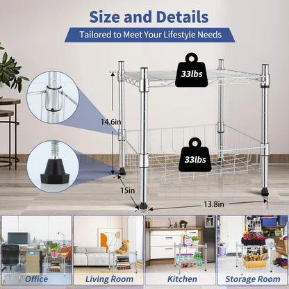 YSSOA 2-Tier Shelving Unit, 15" W x 13.8" D x 15" H Wire Metal Stackable Storage with Basket