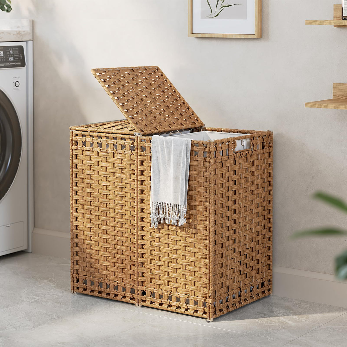 130L Foldable Laundry Hamper with Lid - Handwoven Rattan Storage Basket, 2-Section Clothes Hamper