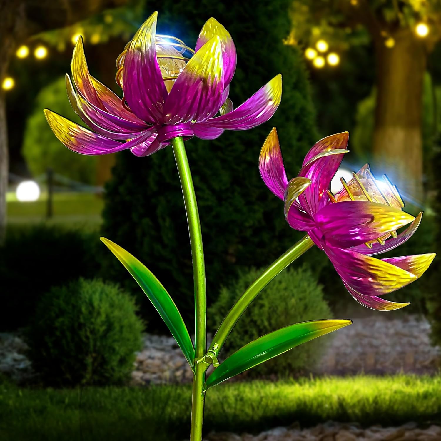 Solar Wind Spinner Outdoor, 63 Inch Metal Wind Spinner Yard Art with Lights - Twin Flower Design