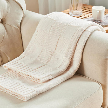 CozeCube Check Knit Throw Blanket, Cream White Checkered Throw for Couch, Decorative Christmas Soft