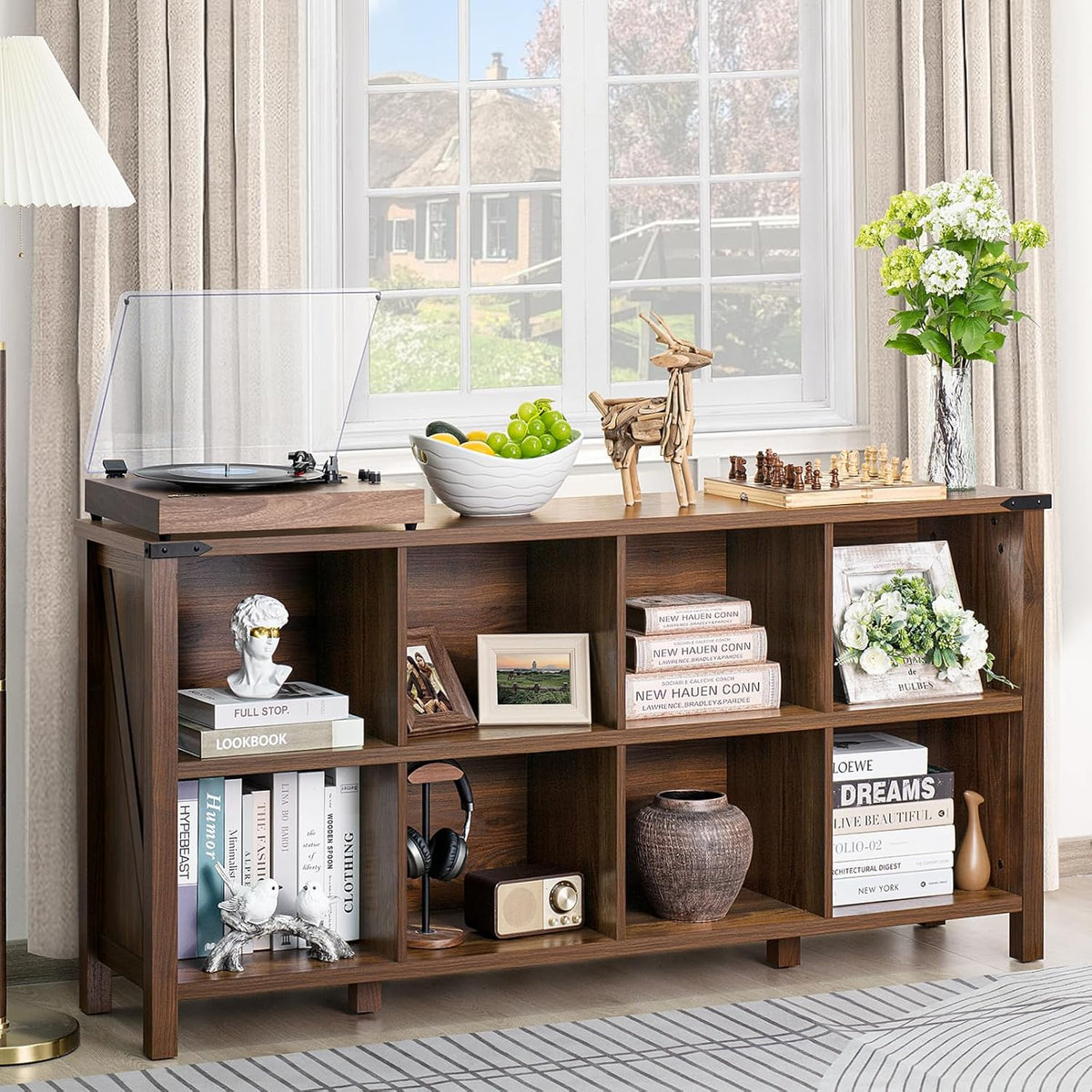 8 Cube Book Shelf, Farmhouse Wood Long Storage Organizer Bookcase, 62" Horizontal Brown Walnut