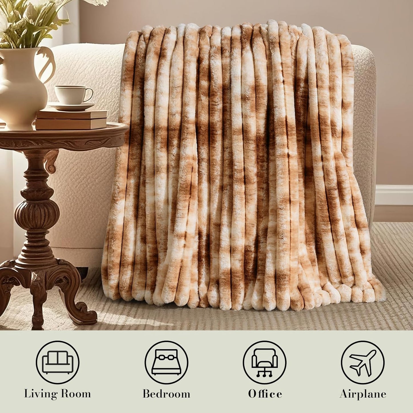 Amélie Home Faux Fur Throw Blanket for Couch, Cozy Fuzzy Fluffy Fur Luxurious Soft Striped Plush
