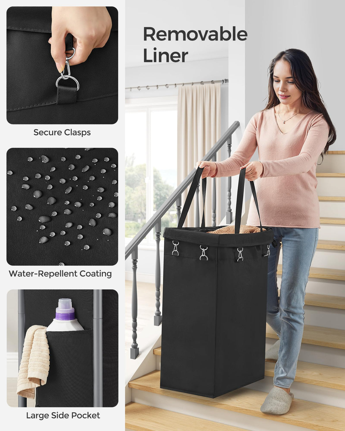 SONGMICS Laundry Basket with Wheels, Rolling Laundry Hamper, 23.8 Gallons (90 L), Removable Liner