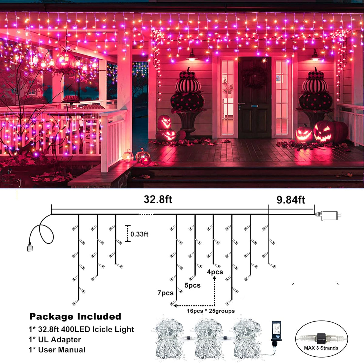 Orange and Purple Halloween Lights Outdoor, 33FT 400 LED Icicle Lights for Outside with Waterproof