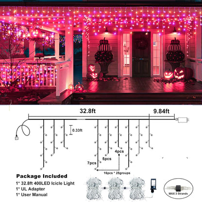 Orange and Purple Halloween Lights Outdoor, 33FT 400 LED Icicle Lights for Outside with Waterproof