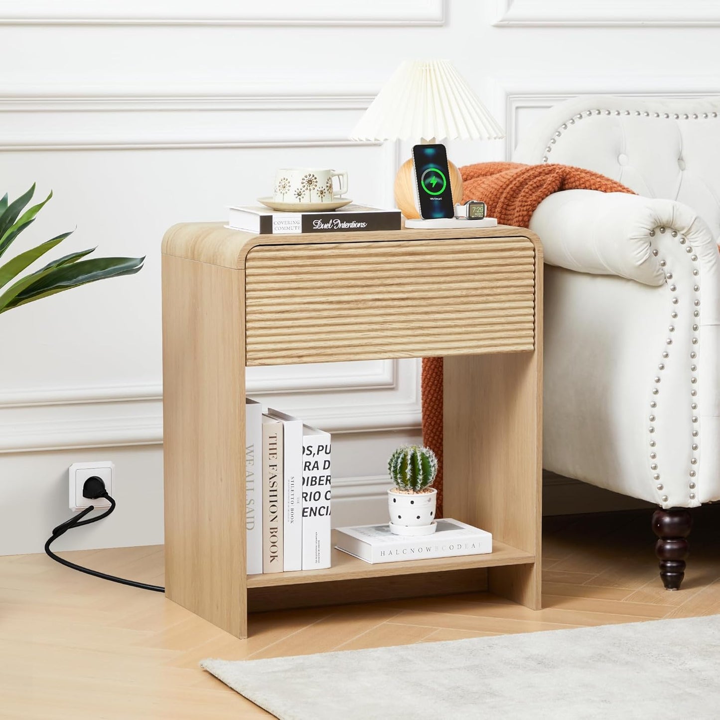 Fluted Nightstand with Charging Station, Mid Century Modern Bed Side Table End Table with Drawer