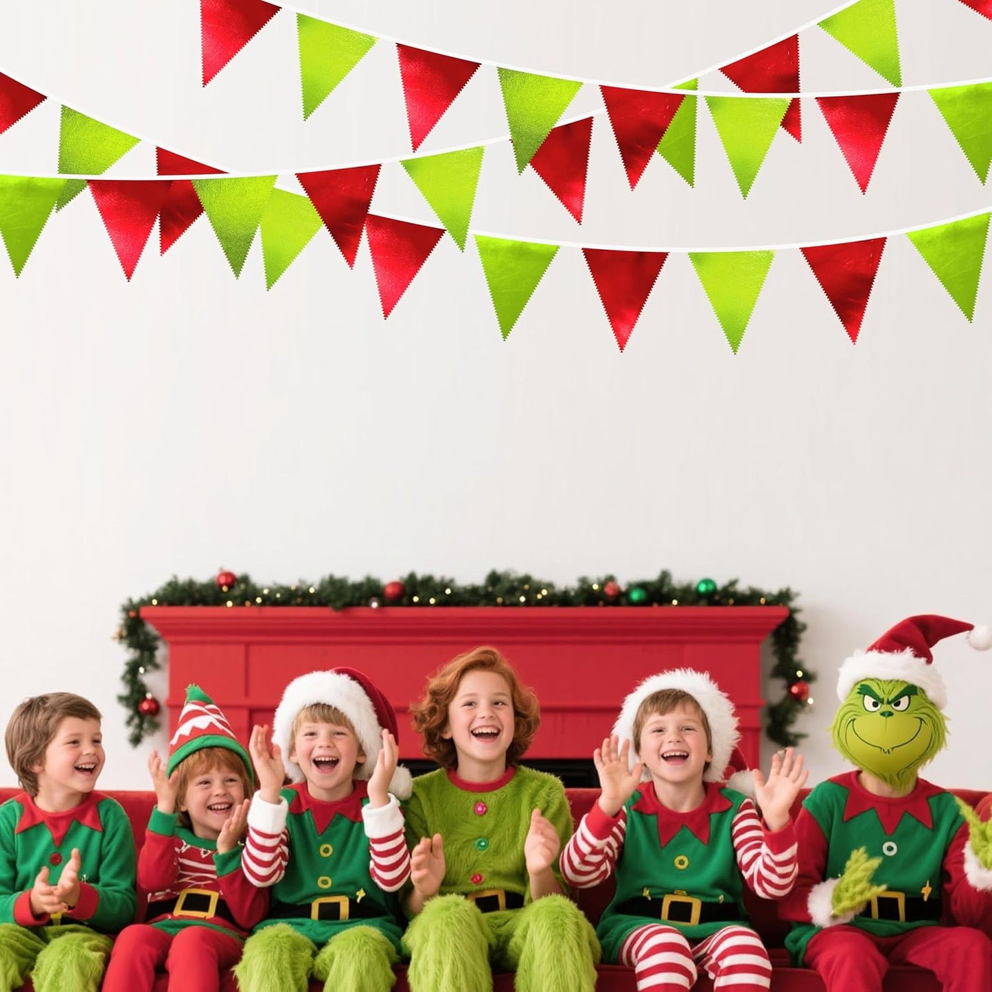 Red and Green Metallic Fabric Triangle Pennant Banner Flag Bunting Garland for Merry Grinchmas