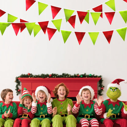 Red and Green Metallic Fabric Triangle Pennant Banner Flag Bunting Garland for Merry Grinchmas