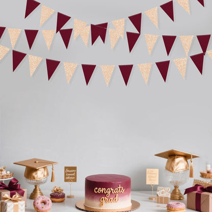 Burgundy Party Decorations Maroon Champagne Gold Triangle Banner Flag Bunting Pennant for Birthday