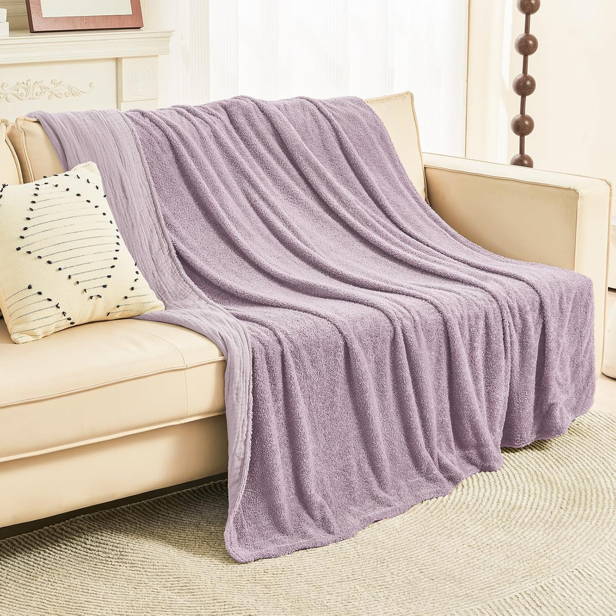 EMME Muslin and Fleece Throw Blanket Reversible - 50"*60" Lavender Soft Warm Throw Blankets for