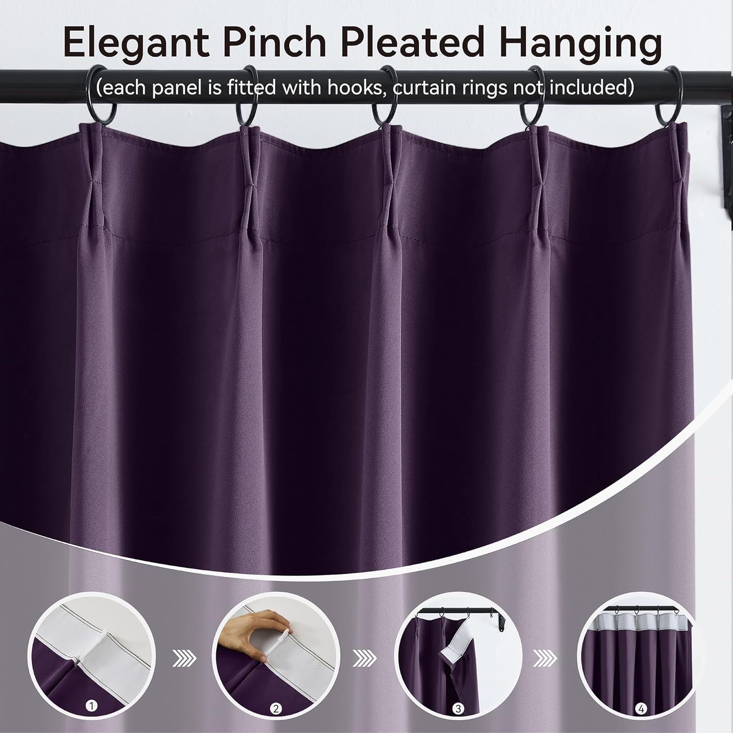 KangBang Royal Purple Pinch Pleated Curtains 84 Inch Length 2 Panels Set, Room Darkening Black Out