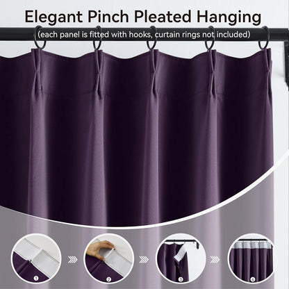 KangBang Royal Purple Pinch Pleated Curtains 84 Inch Length 2 Panels Set, Room Darkening Black Out