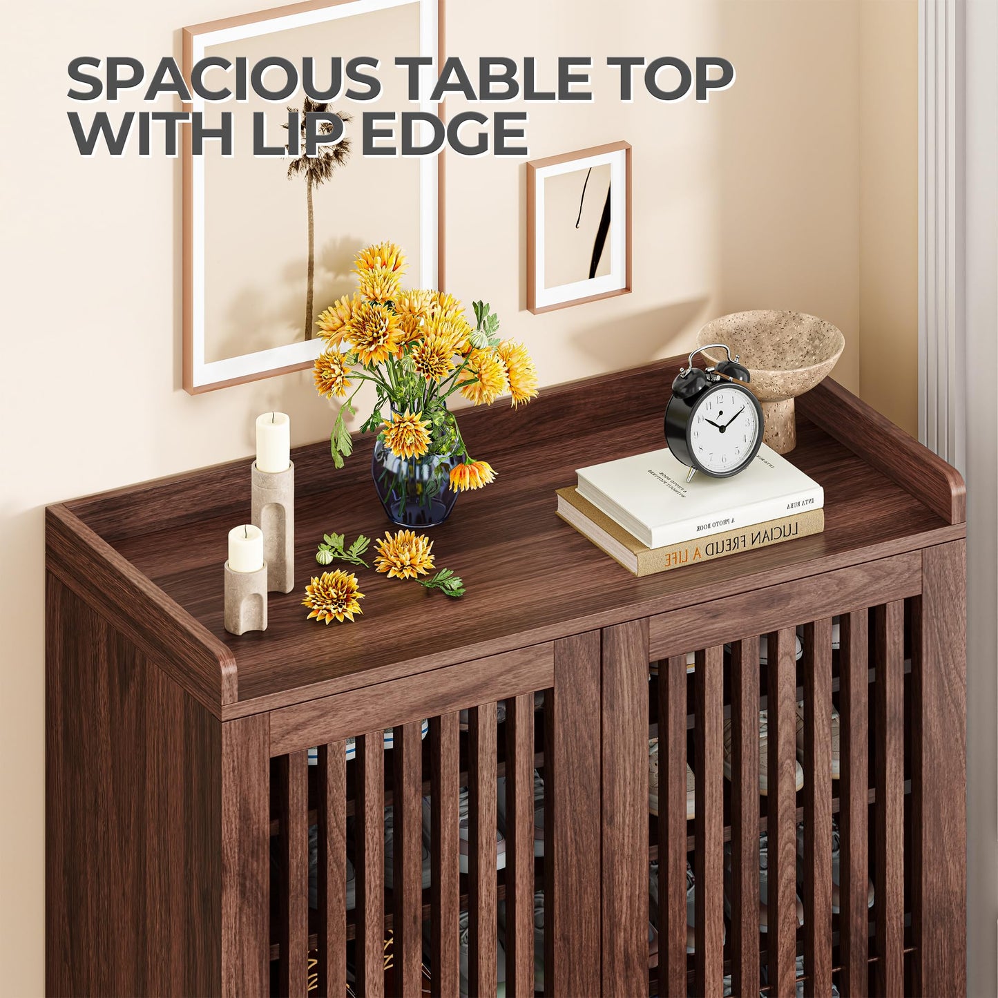 IRONCK Shoe Cabinet with Slatted Doors, 6-Tier Shoe Storage Cabinet, Walnut