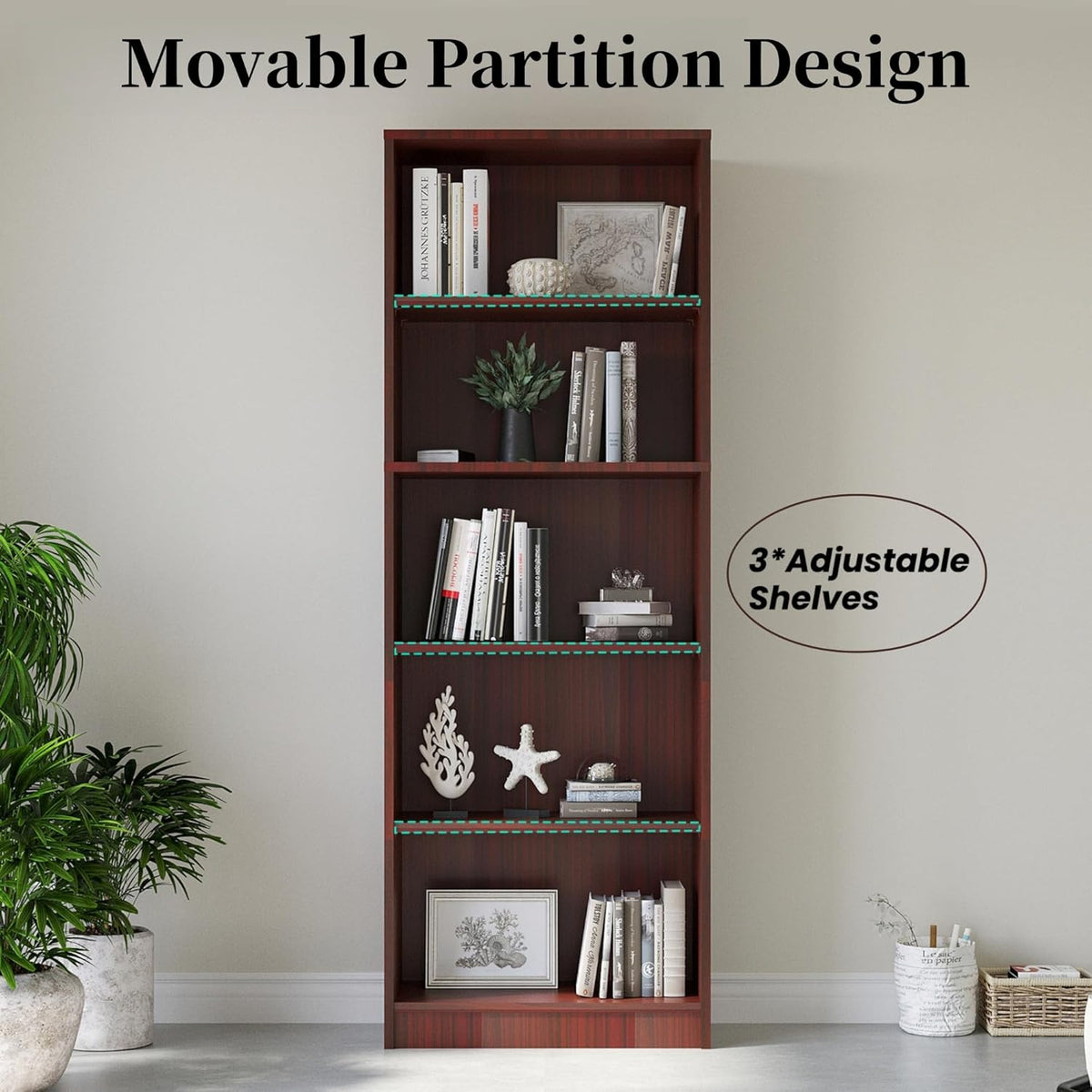 Bookshelf, Open Modern Bookshelf, 5 Shelf Bookcase with Freestanding Display Storage, Wooden Book