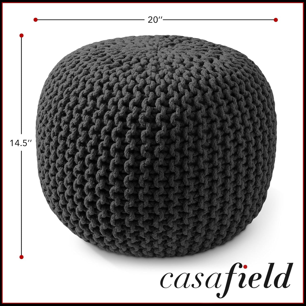 Casafield Round Pouf Ottoman, Black - 20" Diameter x 14.5" High Cotton Knit Foot Stool - Boho Floor
