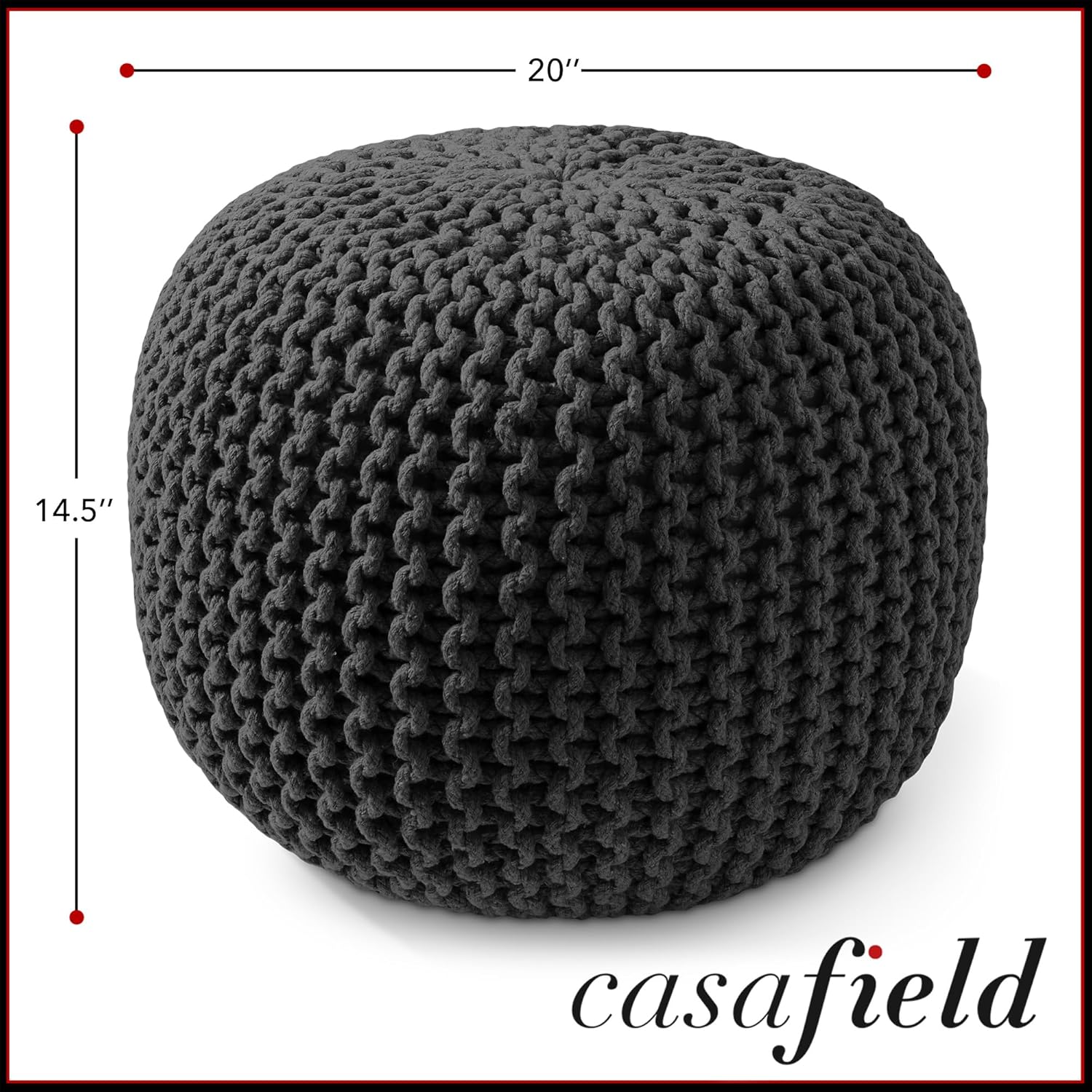 Casafield Round Pouf Ottoman, Black - 20" Diameter x 14.5" High Cotton Knit Foot Stool - Boho Floor
