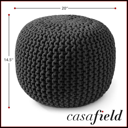 Casafield Round Pouf Ottoman, Black - 20" Diameter x 14.5" High Cotton Knit Foot Stool - Boho Floor
