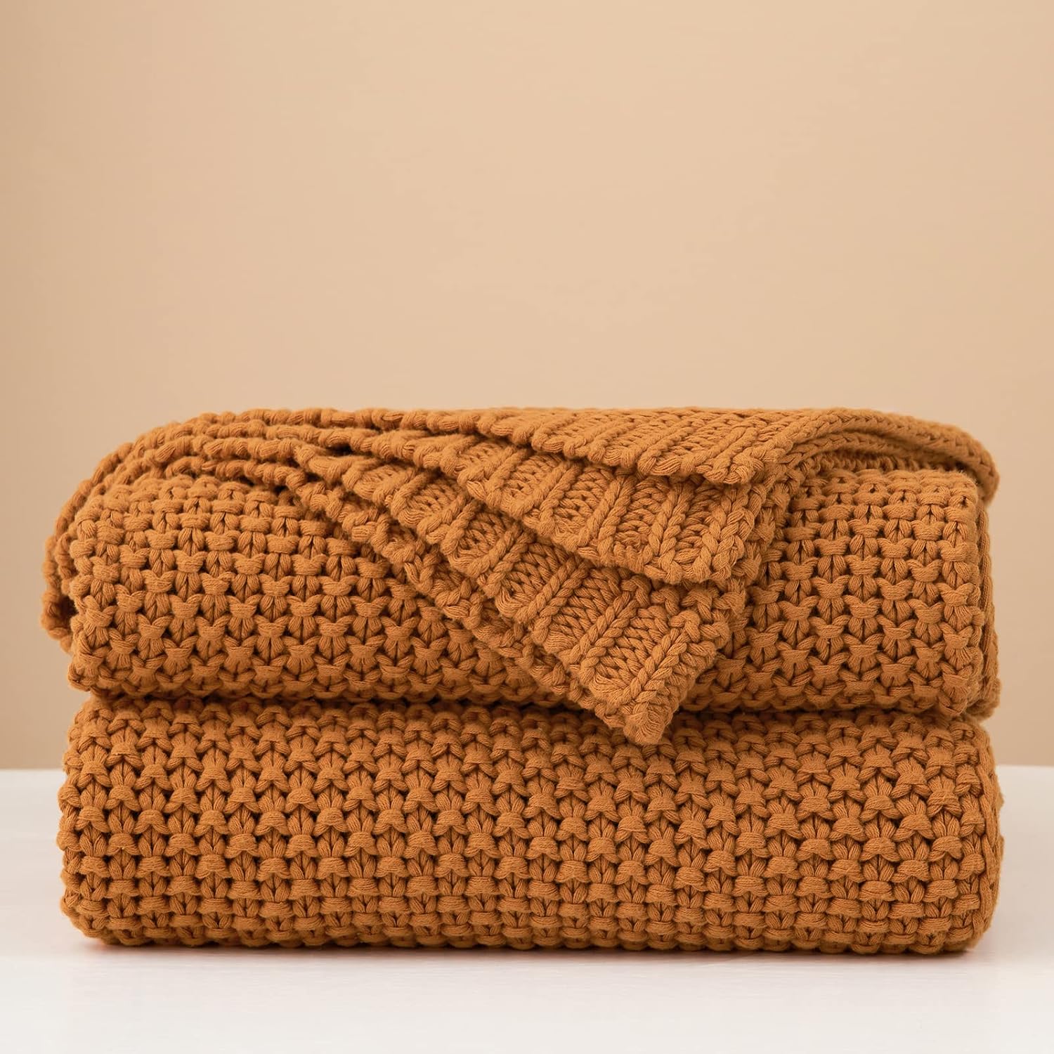 Chunky Cable Knit Throw Blanket Lightweight Burnt Orange 100% Organic Cotton Blanket for Sofa Couch