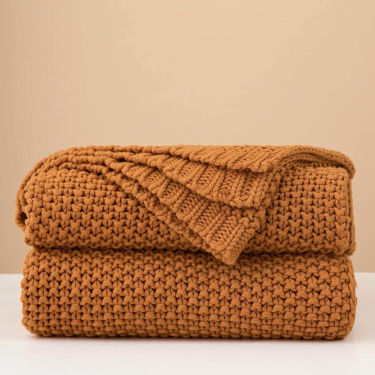 Chunky Cable Knit Throw Blanket Lightweight Burnt Orange 100% Organic Cotton Blanket for Sofa Couch