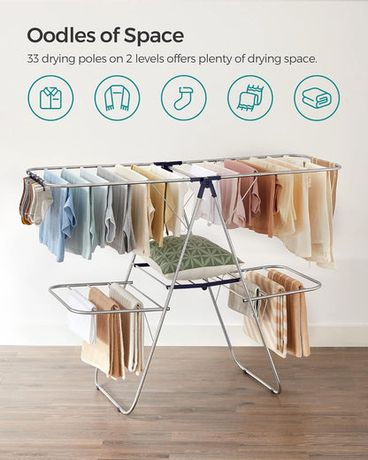 SONGMICS Clothes Drying Rack, Foldable 2-Level Laundry Drying Rack, Free-Standing Laundry Airer