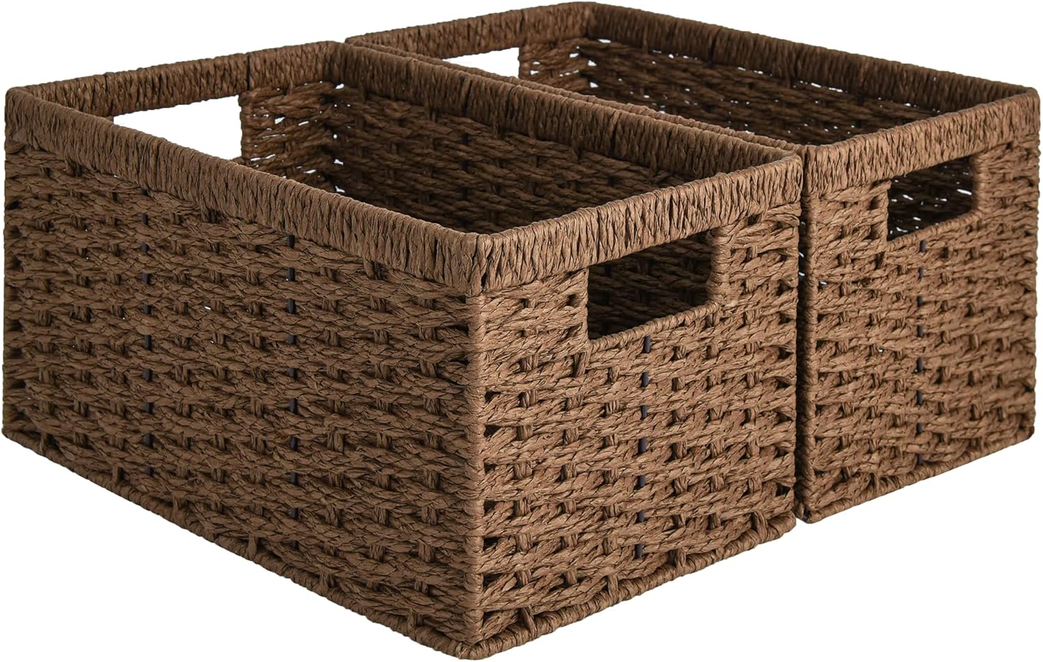 StorageWorks Round Paper Rope Storage Baskets, Rectangular Wicker Baskets with Built-in Handles
