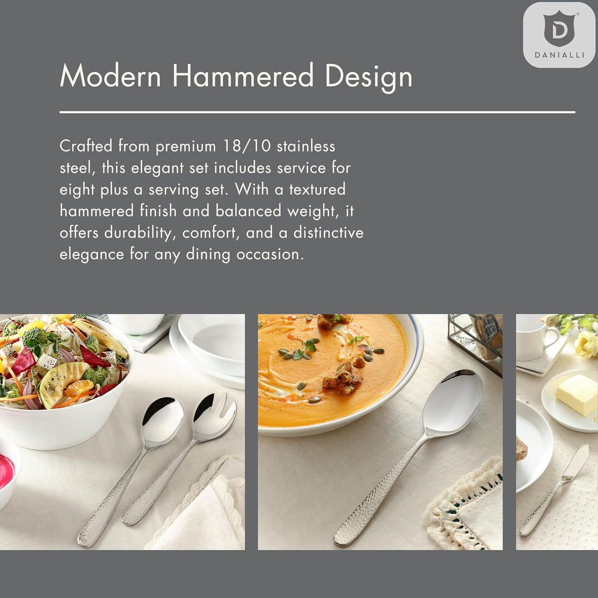 Hammered Silverware Set with Serving Utensils, 18/10 Stainless Steel Flatware for 8, Dishwasher