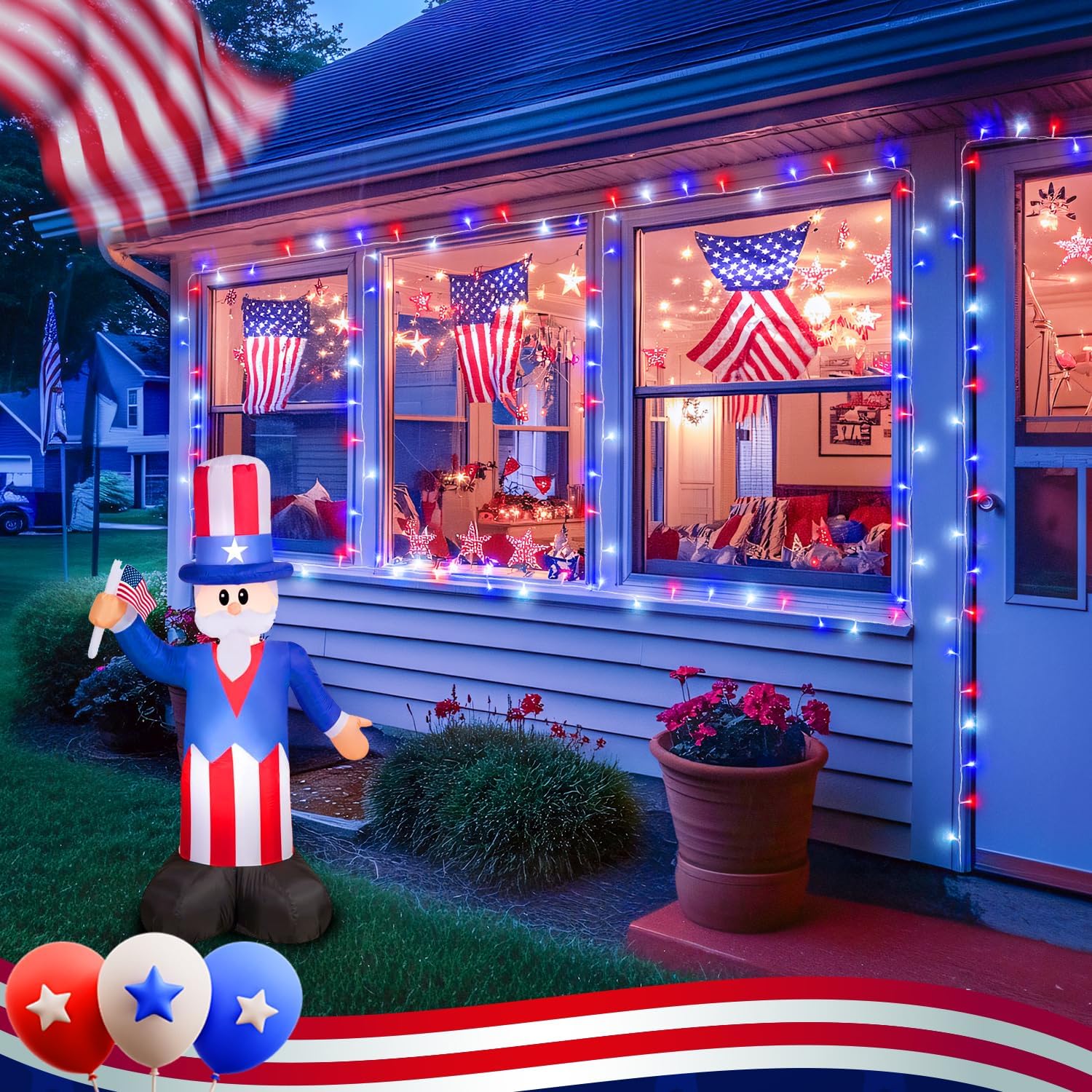 JMEXSUSS 2 Pack Red White and Blue Lights Outdoor, 33ft 100 LED 4th of July Lights Battery