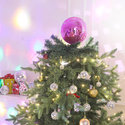 Retisee 8'' Pink Disco Ball Christmas Tree Topper Disco Mirror Ball Xmas Tree Topper 3D Hollow Pink